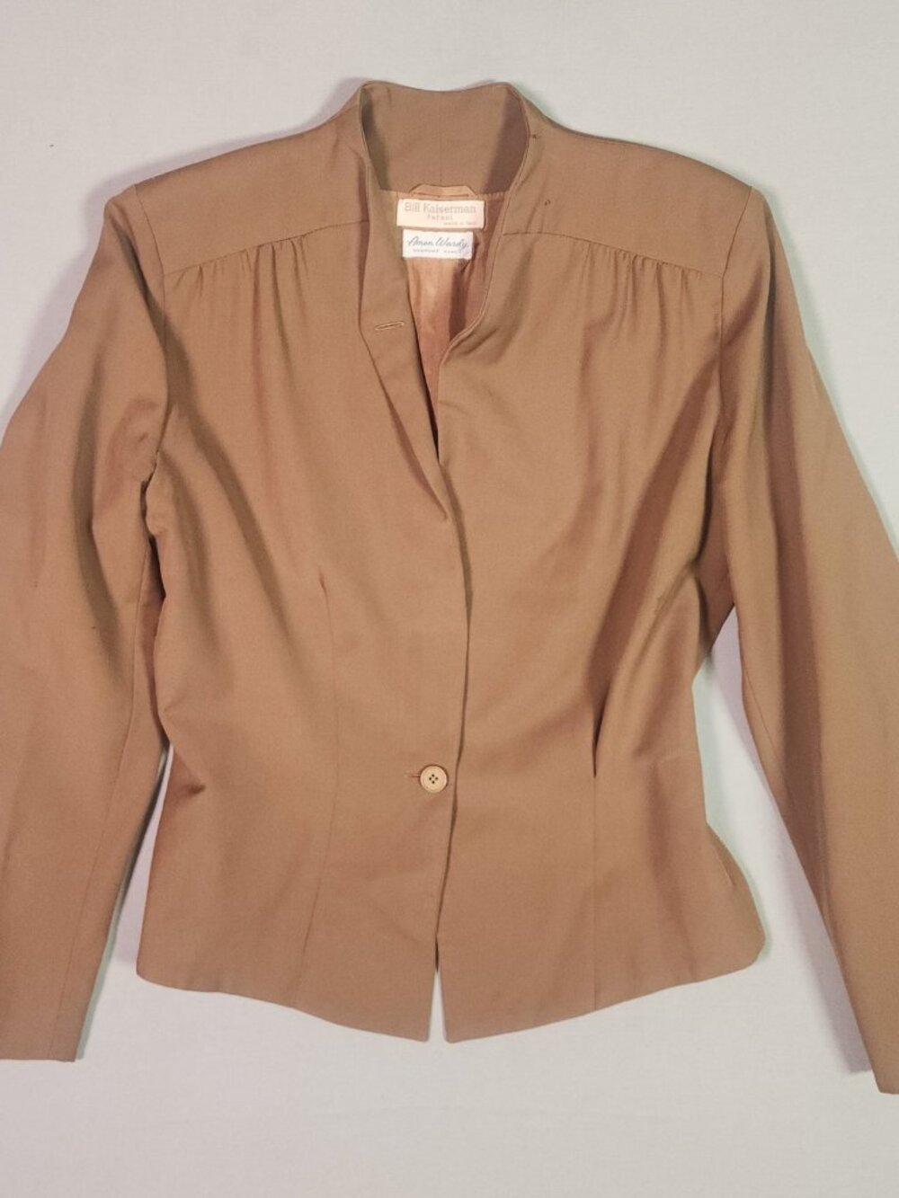 Vintage Bill Kaiserman Rafael Wool Blazer Tan Fitted Collarless Jacket